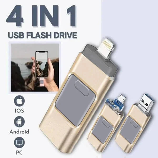 4-in-1 USB Flash Drive with Lightning, USB-C, Micro USB Ports - High-Speed Data Transfer