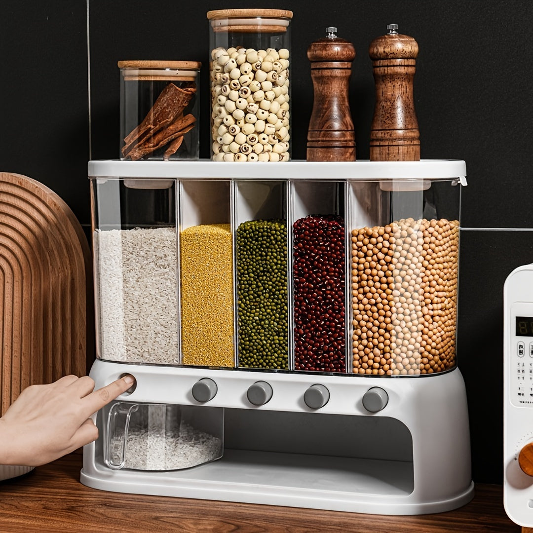 Airtight Multi-Compartment Grain Storage Container - 5 Compartments for Rice, Pasta, Spices