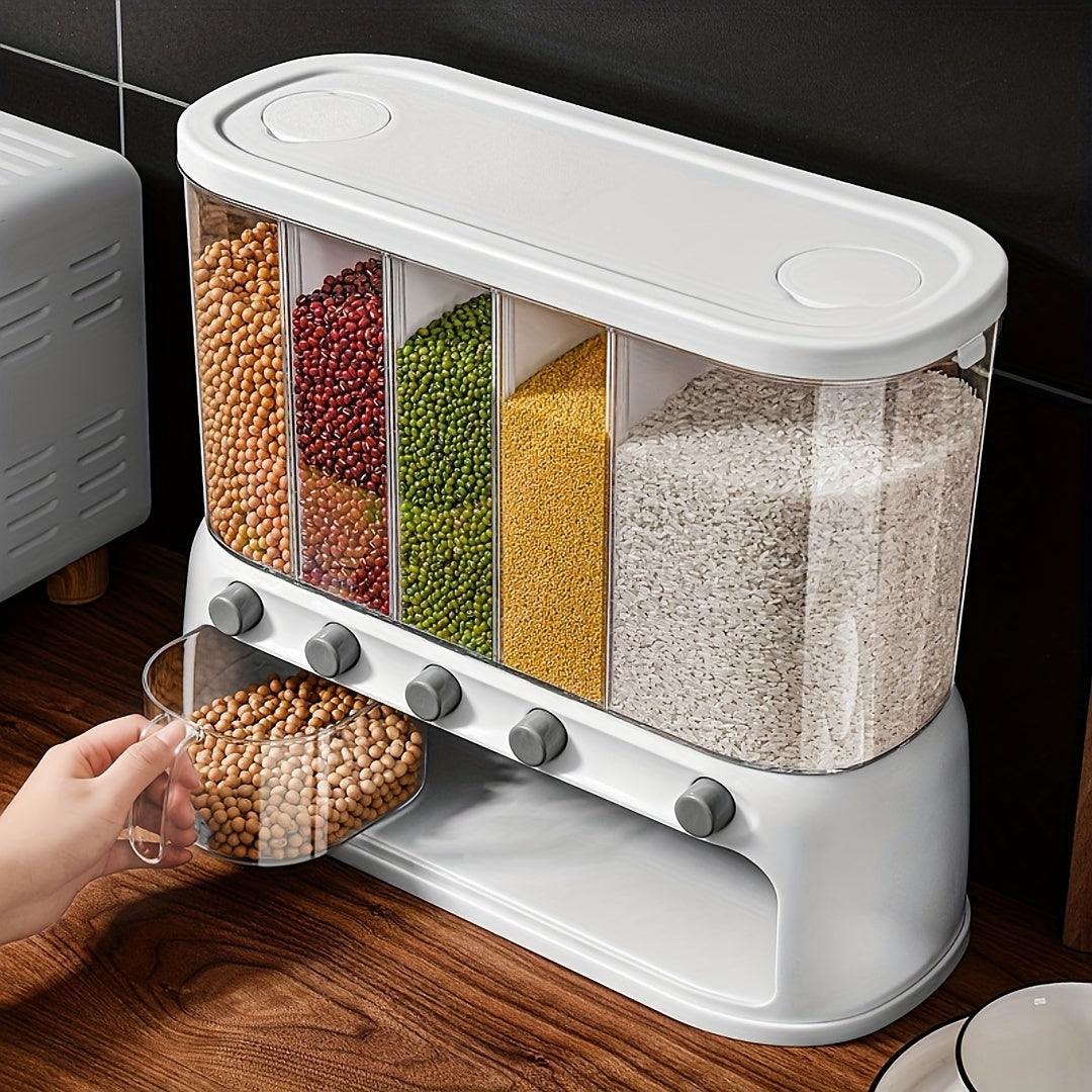 Airtight Multi-Compartment Grain Storage Container - 5 Compartments for Rice, Pasta, Spices