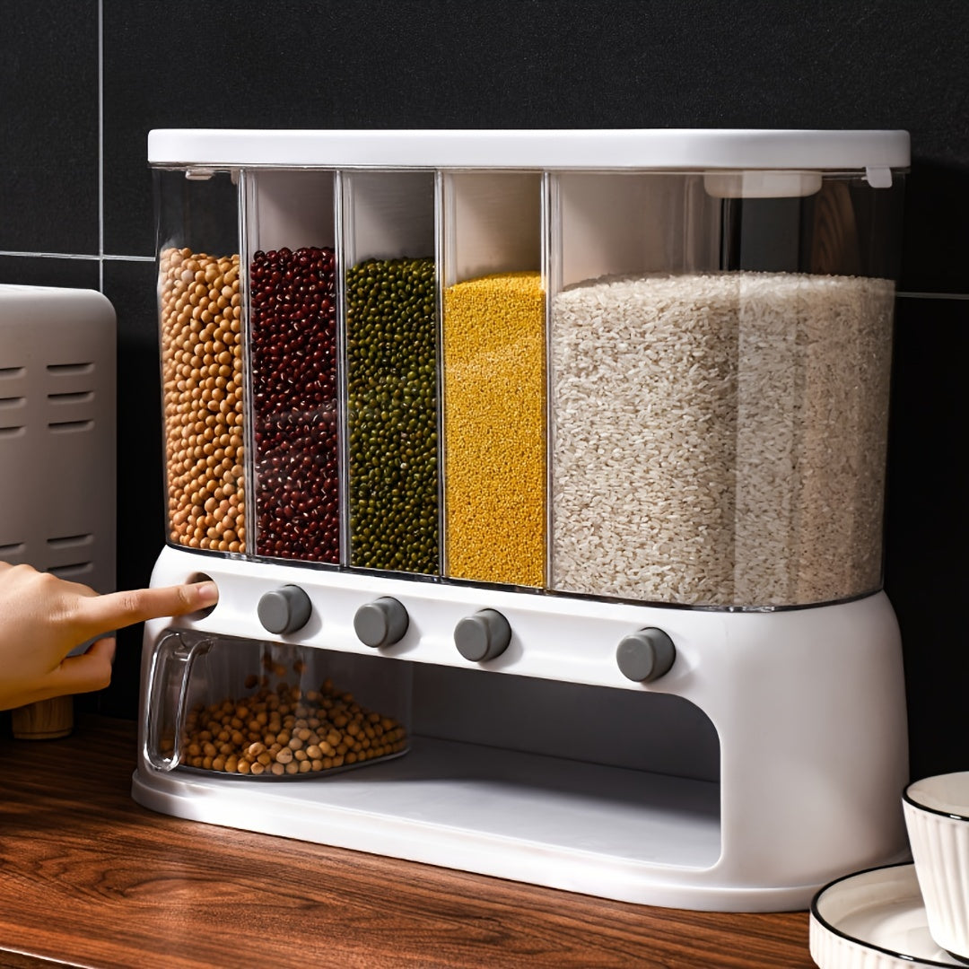 Airtight Multi-Compartment Grain Storage Container - 5 Compartments for Rice, Pasta, Spices