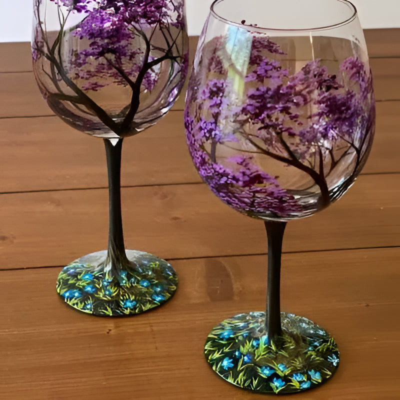 Artisan Hand-Painted Four Seasons Tree Wine Glasses - Unique Design