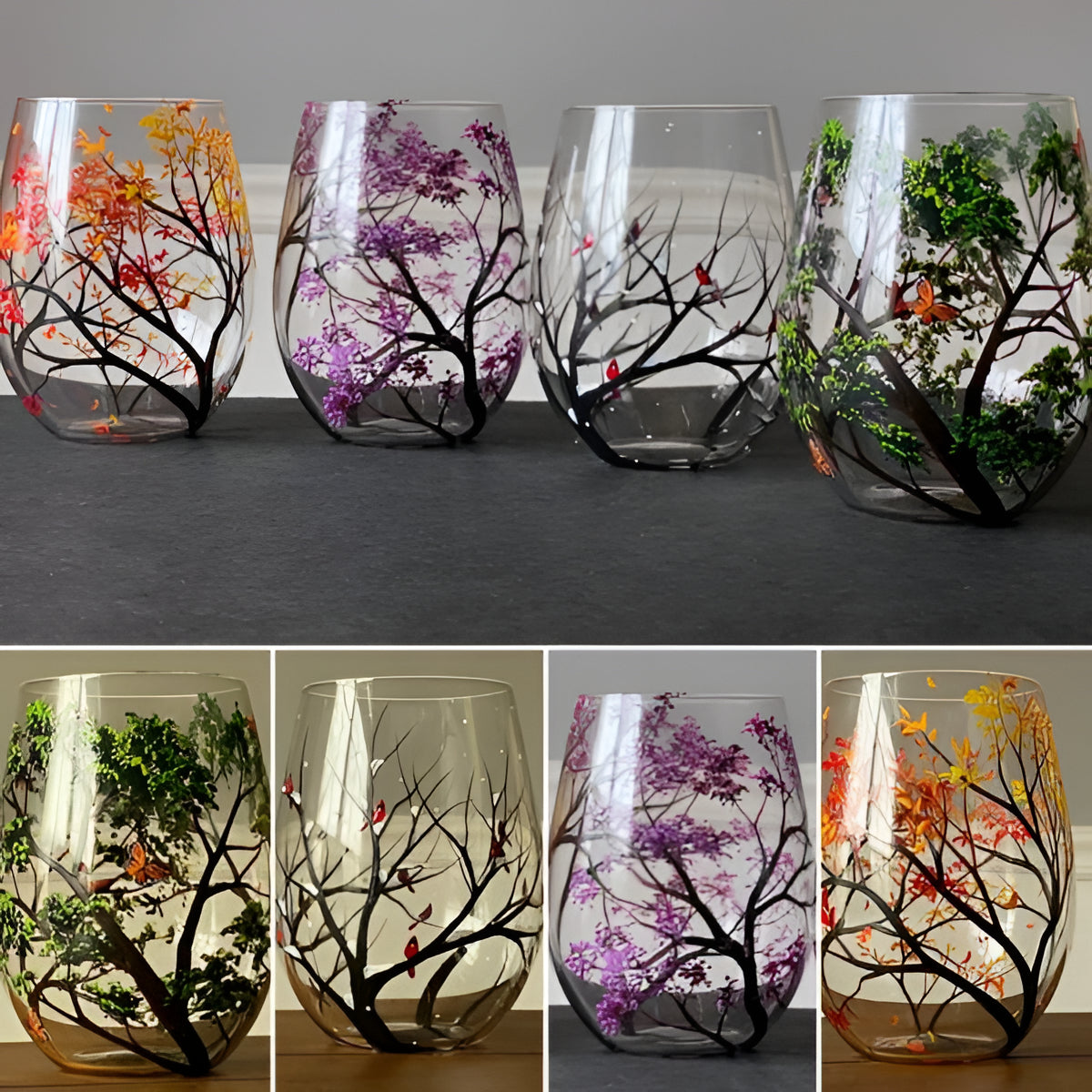 Artisan Hand-Painted Four Seasons Tree Wine Glasses - Unique Design