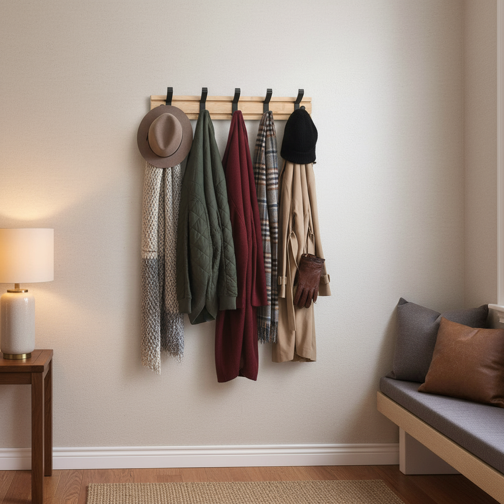 Bamboo Wall Mounted Coat Rack with Aluminum Hooks - Stylish Storage Solution