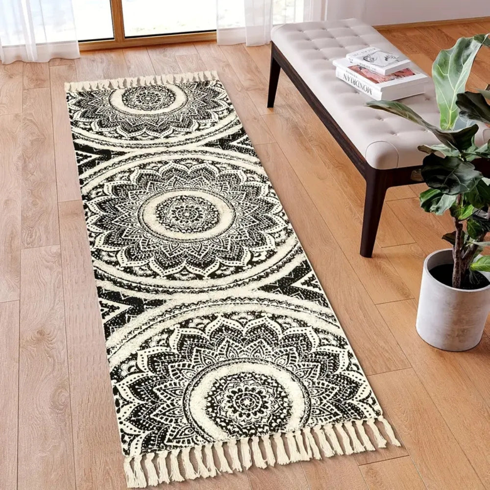 Bohemian Black Cream Runner Mat - Stylish & Practical Floor Protector