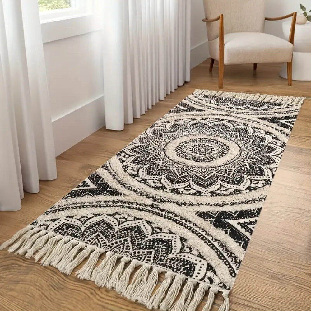 Bohemian Black Cream Runner Mat - Stylish & Practical Floor Protector