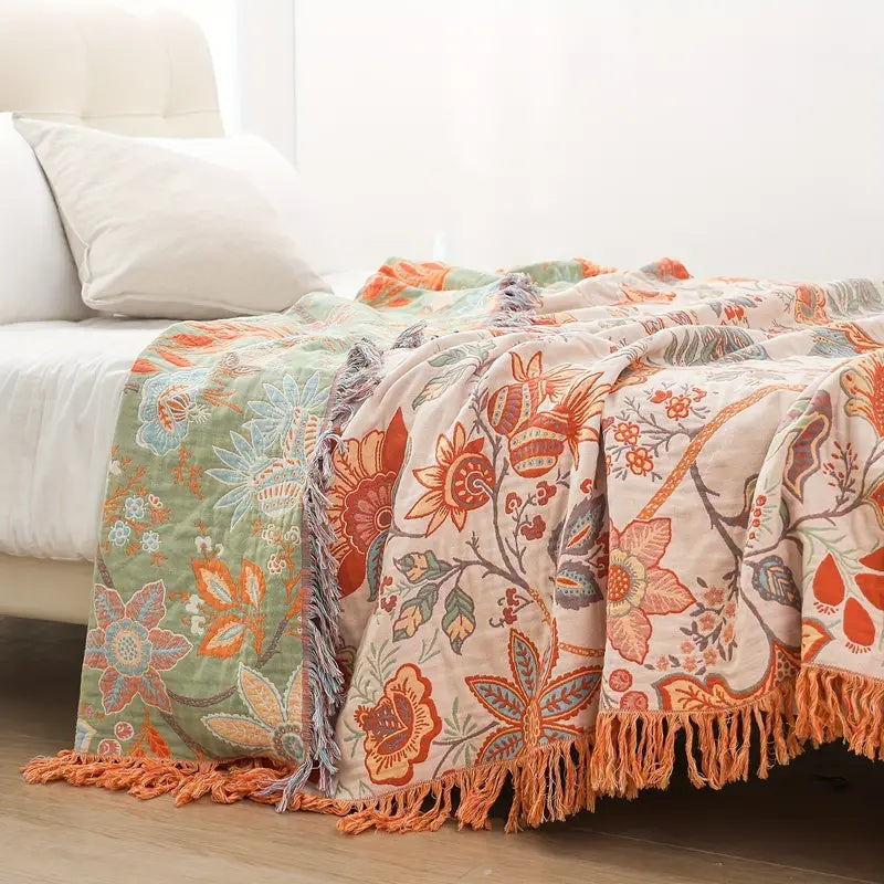 Boho Floral Cotton Throw Blanket - Soft, Machine Washable