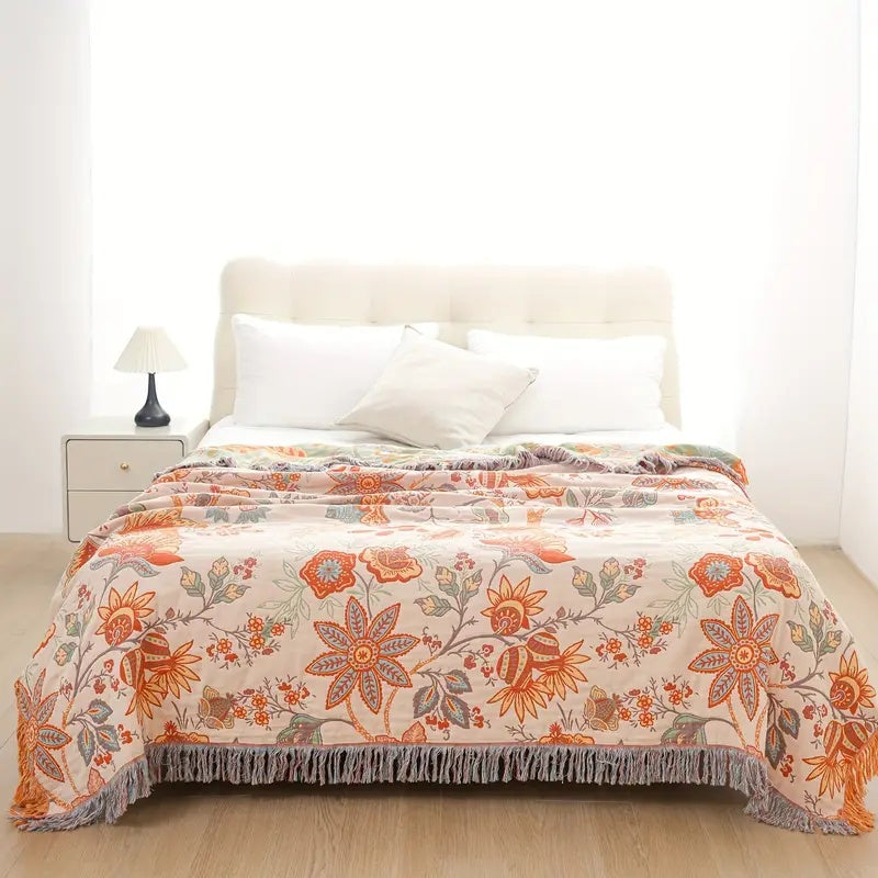 Boho Floral Cotton Throw Blanket - Soft, Machine Washable