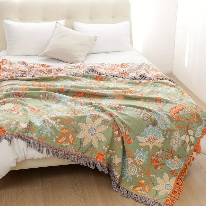 Boho Floral Cotton Throw Blanket - Soft, Machine Washable