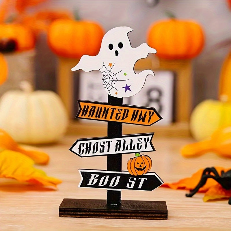 Charming Halloween Signpost - Wooden Indoor Decoration with Ghost & Pumpkin