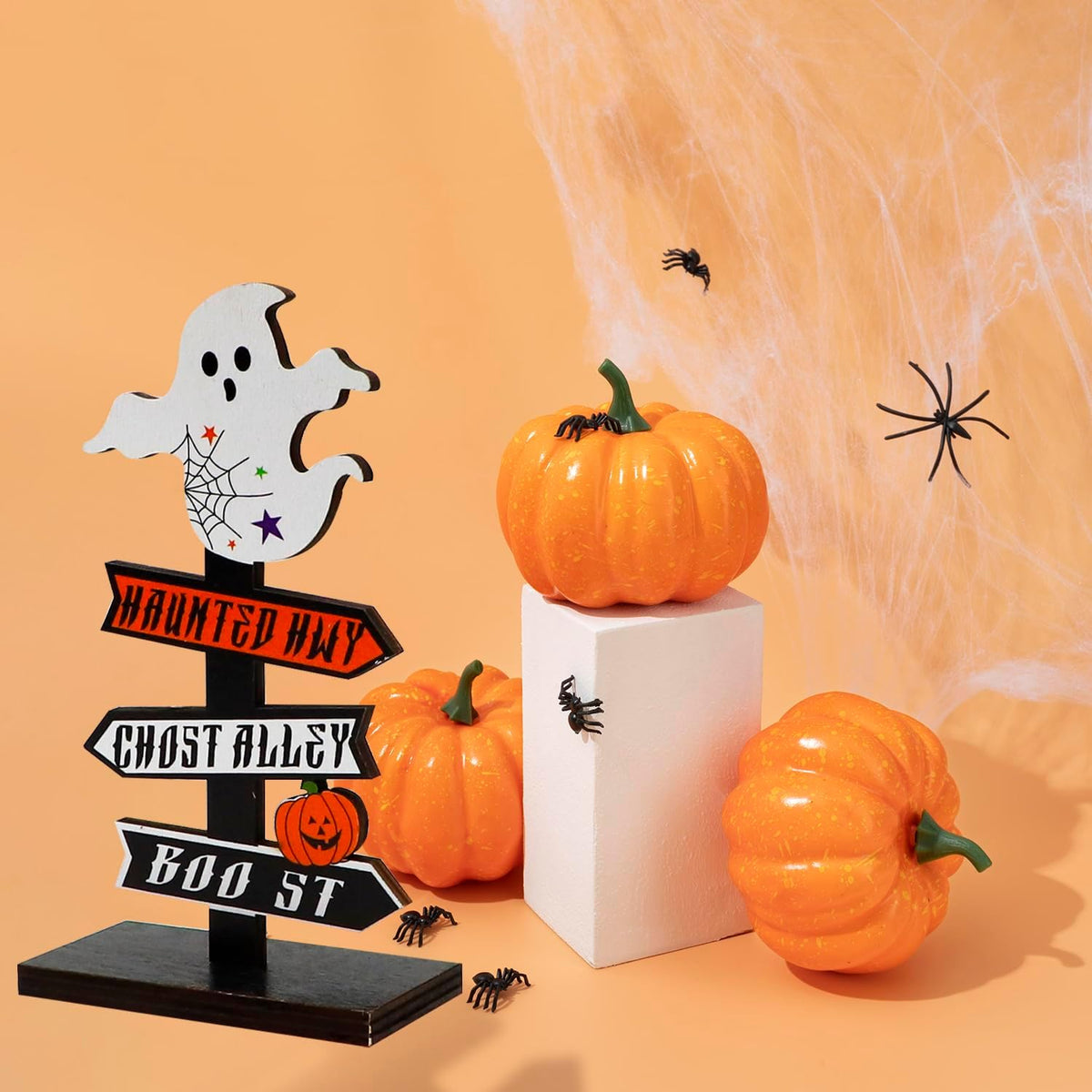 Charming Halloween Signpost - Wooden Indoor Decoration with Ghost & Pumpkin