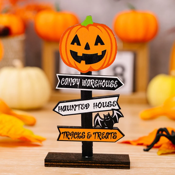 Charming Halloween Signpost - Wooden Indoor Decoration with Ghost & Pumpkin
