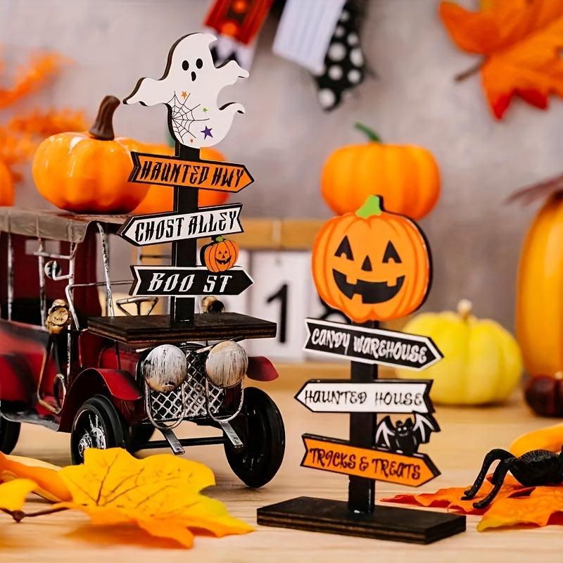Charming Halloween Signpost - Wooden Indoor Decoration with Ghost & Pumpkin