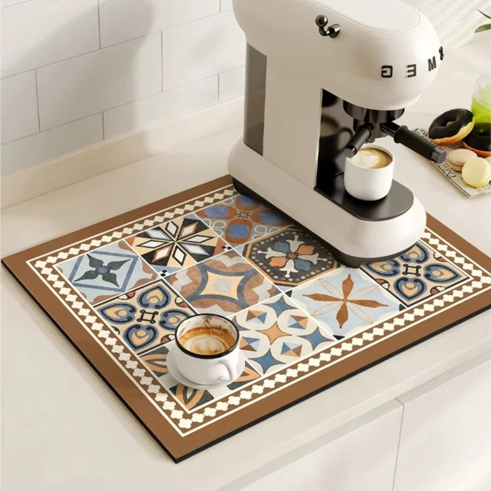 Chic Retro Tile Design Coffee Mat - Super Absorbent & Non-Slip