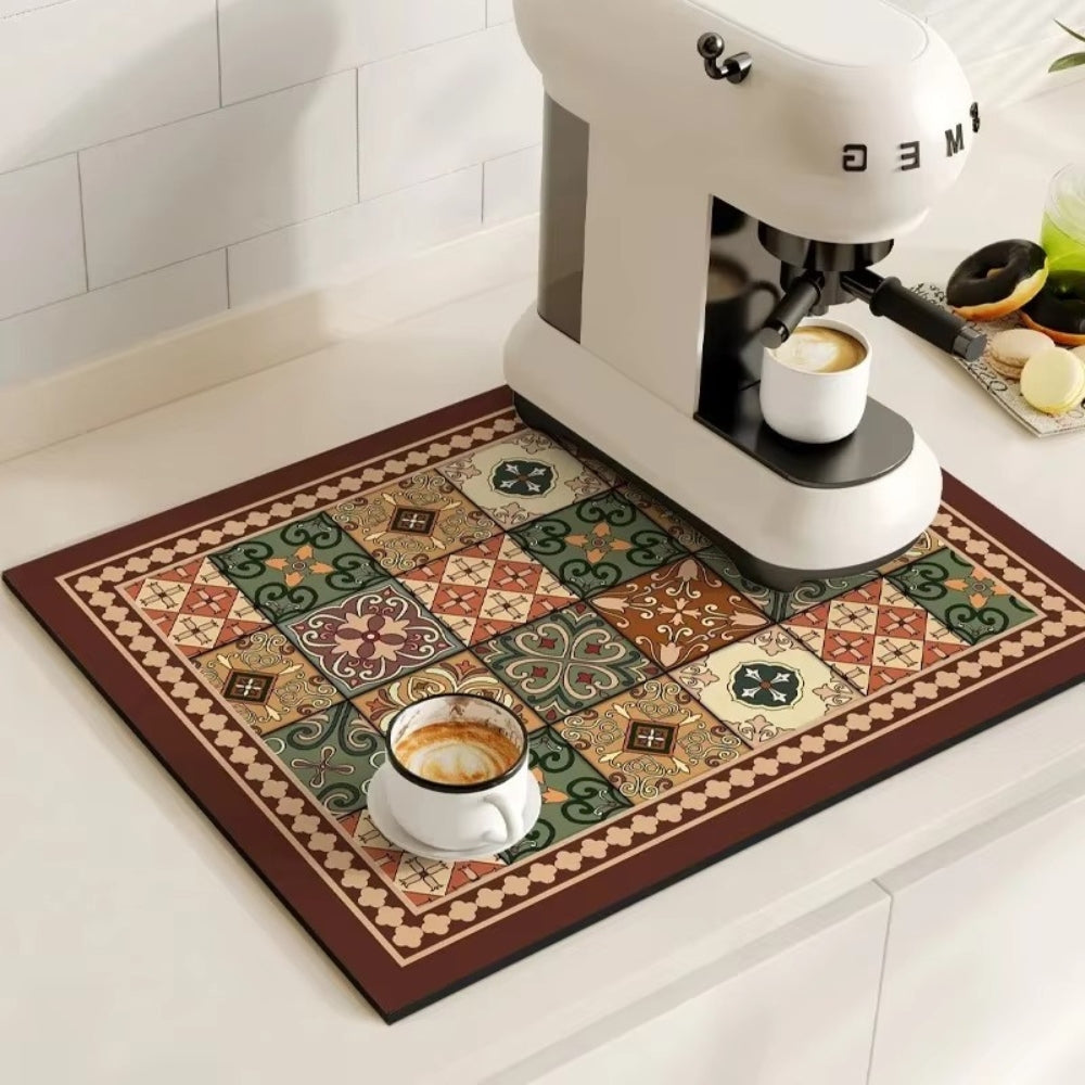 Chic Retro Tile Design Coffee Mat - Super Absorbent & Non-Slip