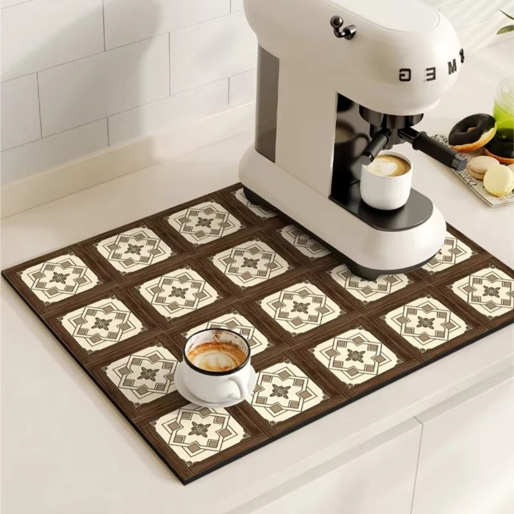 Chic Retro Tile Design Coffee Mat - Super Absorbent & Non-Slip