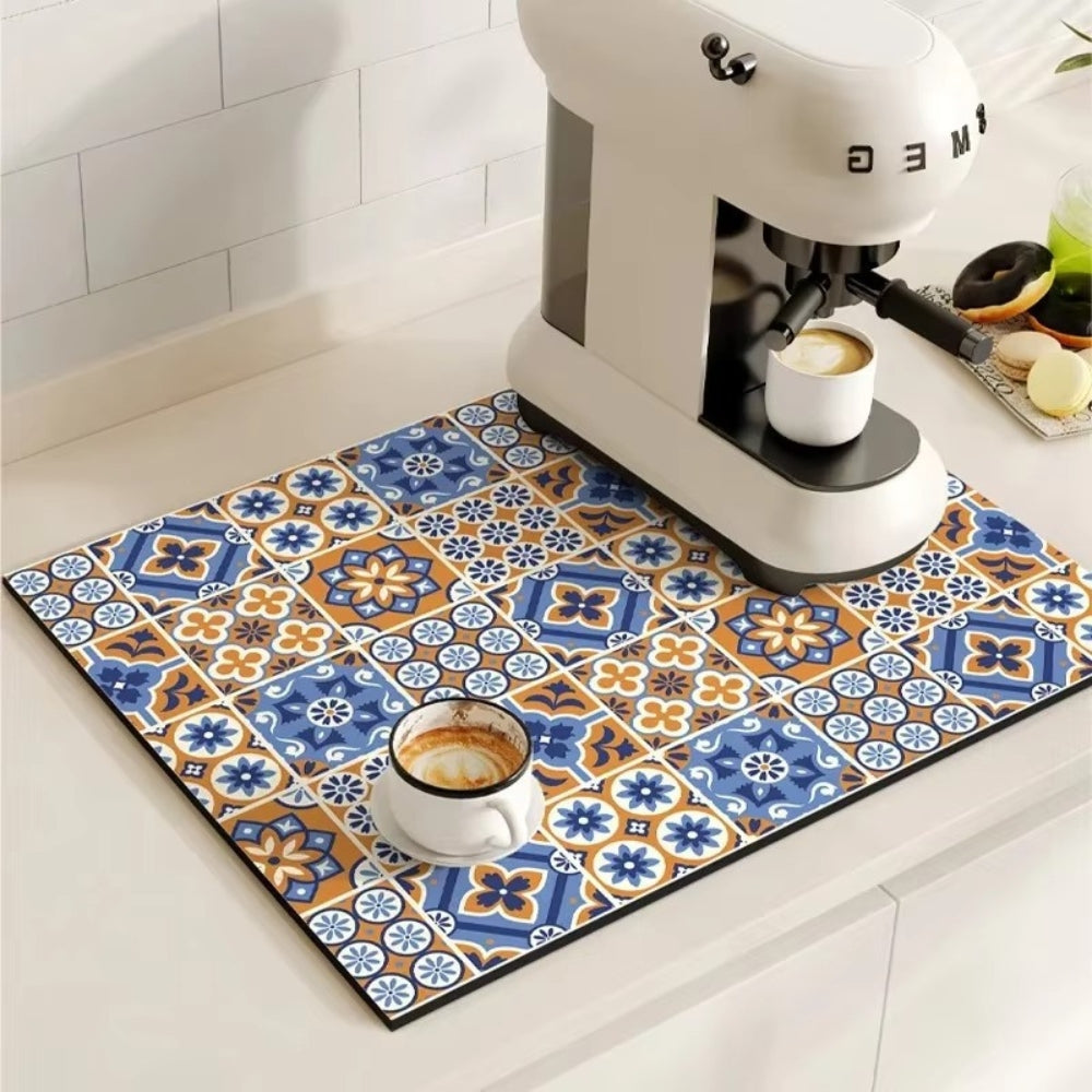 Chic Retro Tile Design Coffee Mat - Super Absorbent & Non-Slip