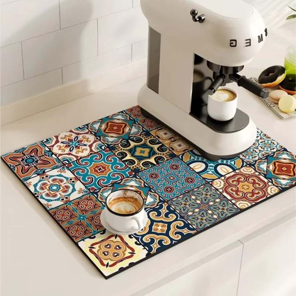 Chic Retro Tile Design Coffee Mat - Super Absorbent & Non-Slip
