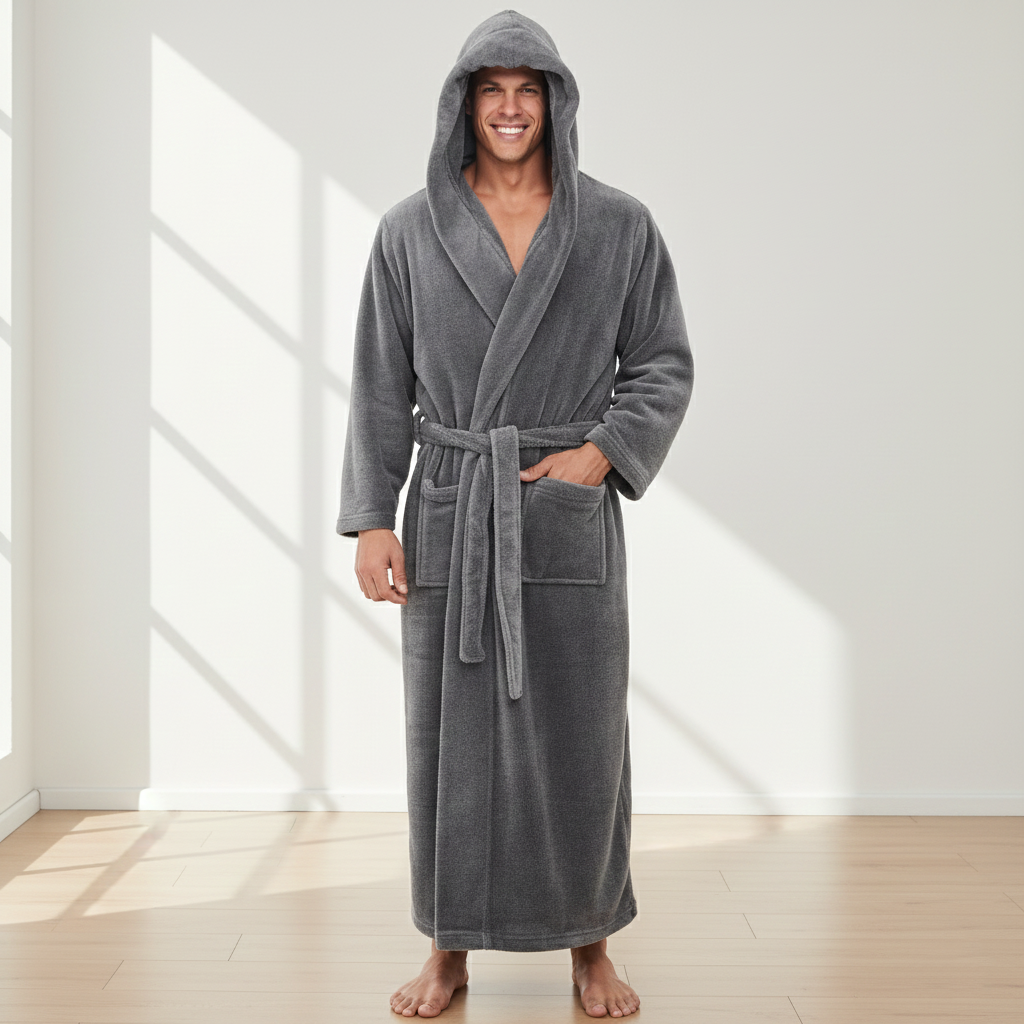 Cozy Men's Hooded Bathrobe - Plush Fabric for Ultimate Comfort