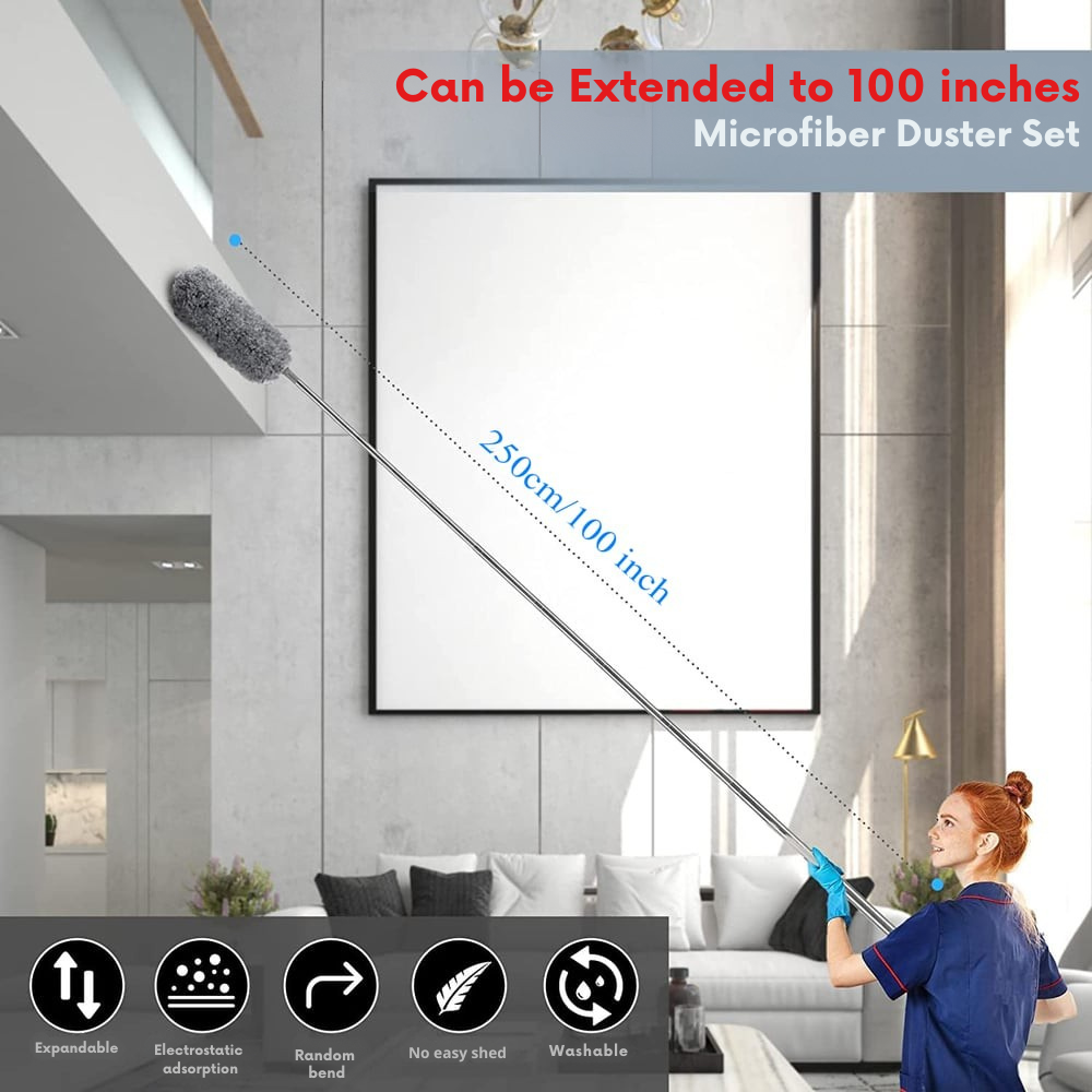 DustReach Telescopic Microfiber Duster - Extra Long 250 cm Reach for Safe Cleaning