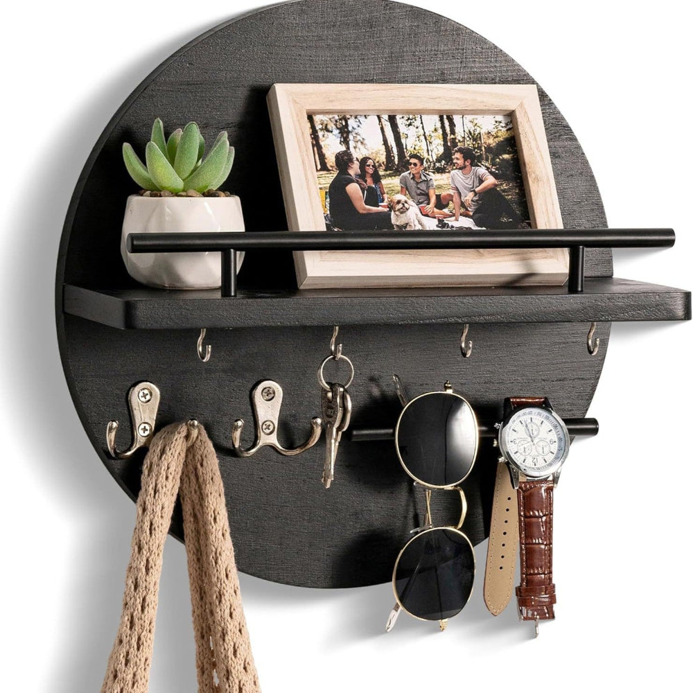 Eco-Friendly Round Wooden Key Holder with Shelf & Hooks