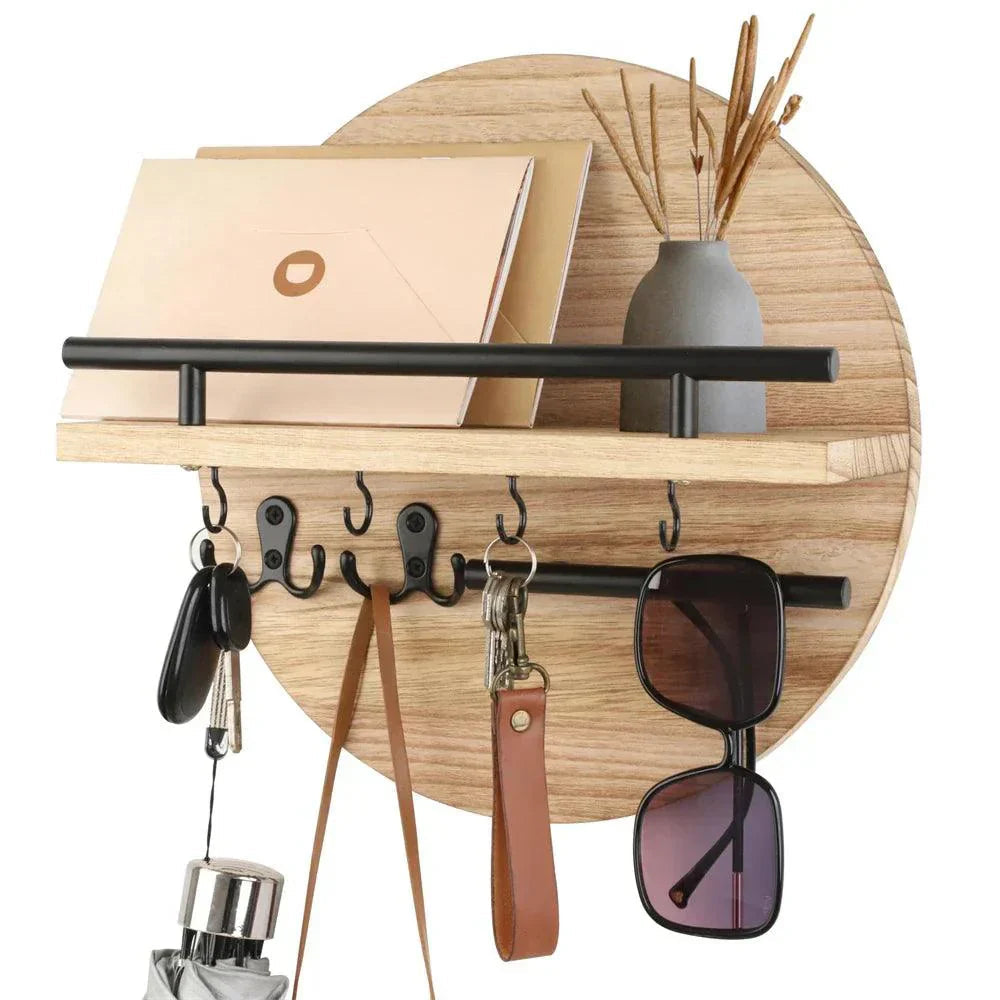 Eco-Friendly Round Wooden Key Holder with Shelf & Hooks
