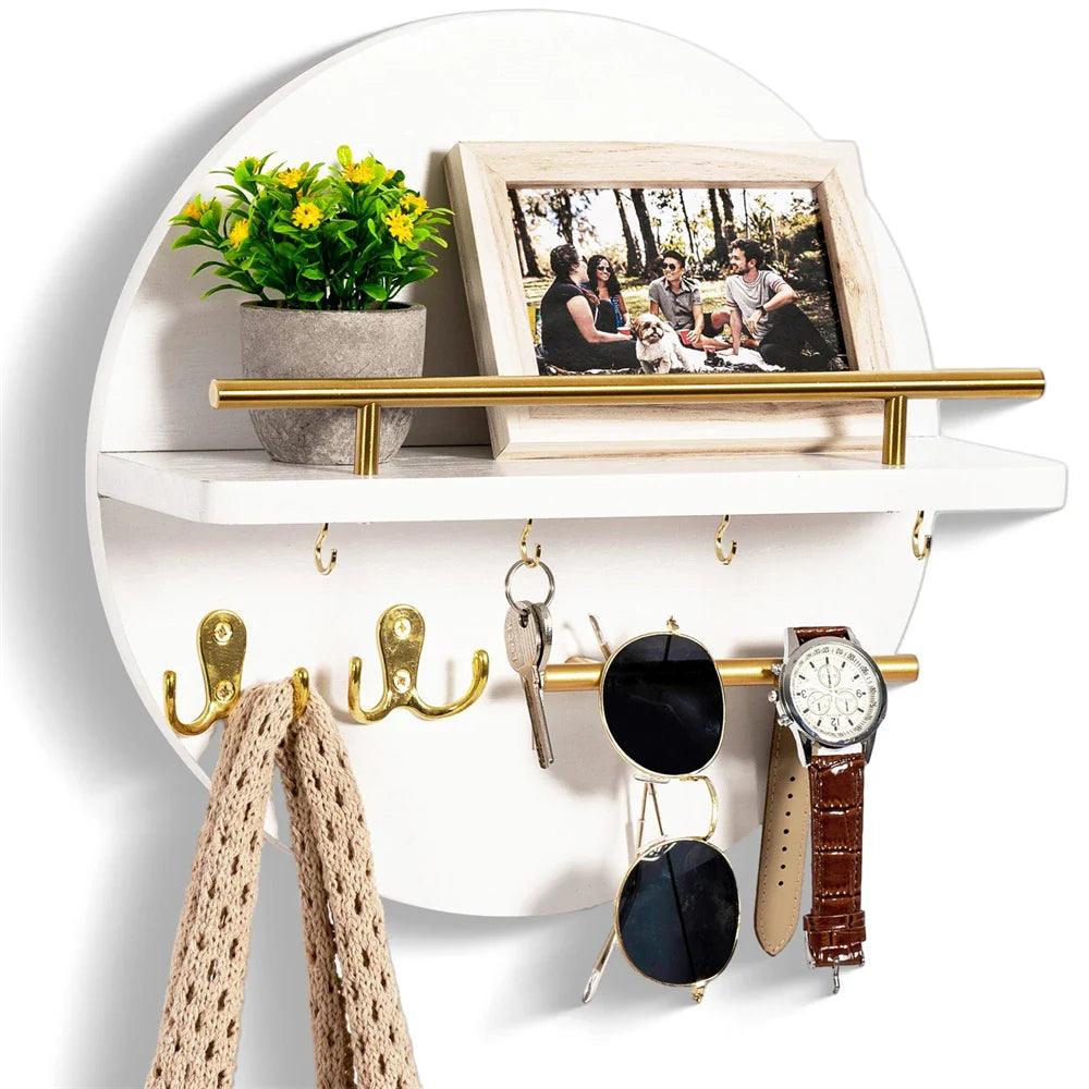 Eco-Friendly Round Wooden Key Holder with Shelf & Hooks