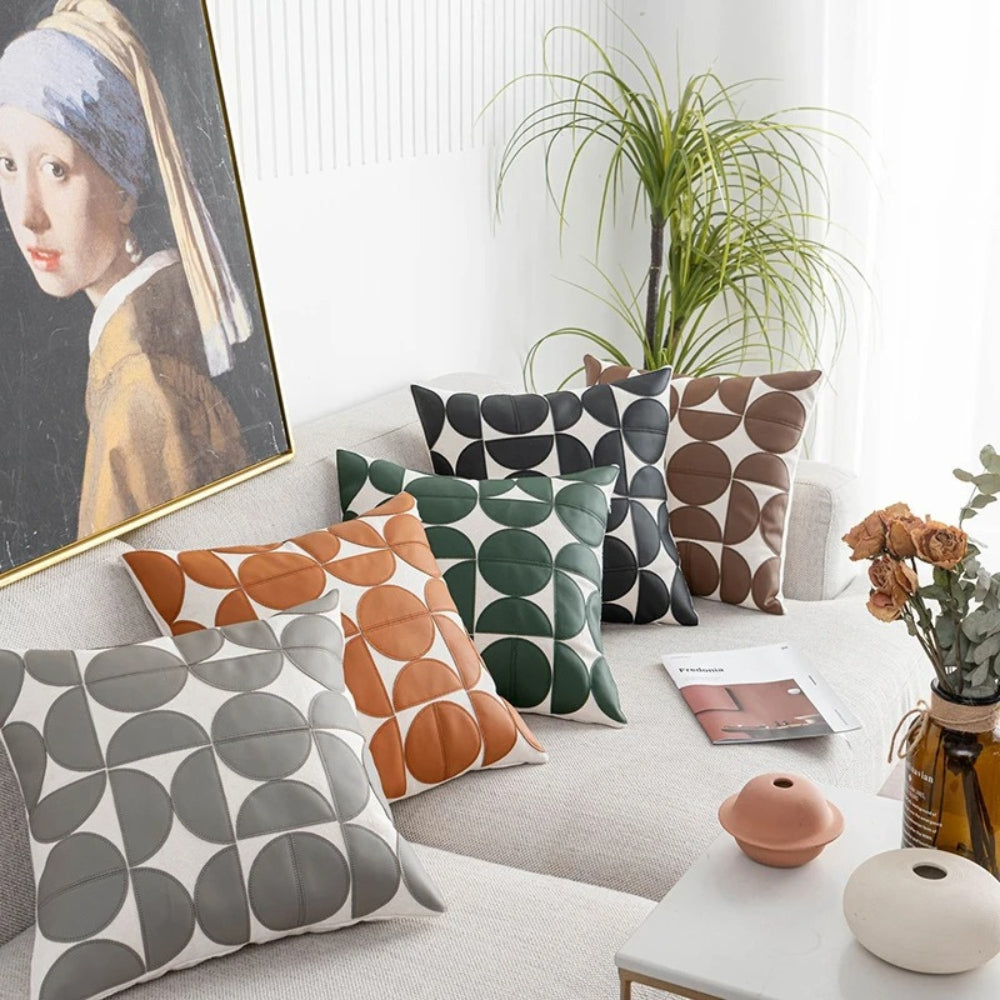 Elegant Faux Leather Sofa Cushion Cover - Embroidered Design, 18x18