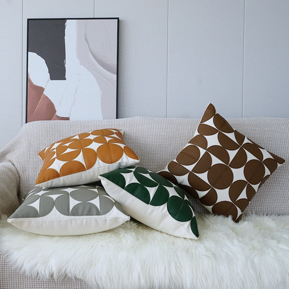 Elegant Faux Leather Sofa Cushion Cover - Embroidered Design, 18x18