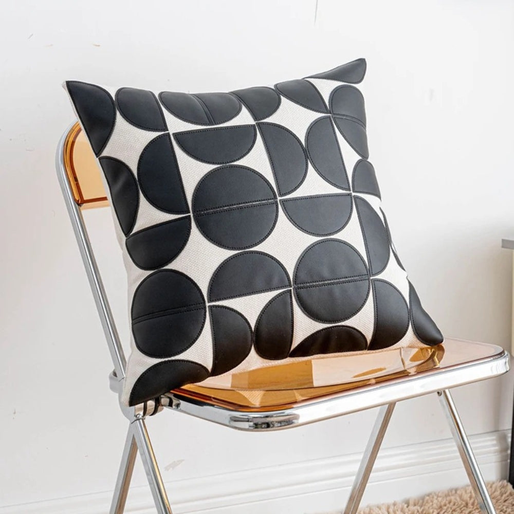 Elegant Faux Leather Sofa Cushion Cover - Embroidered Design, 18x18