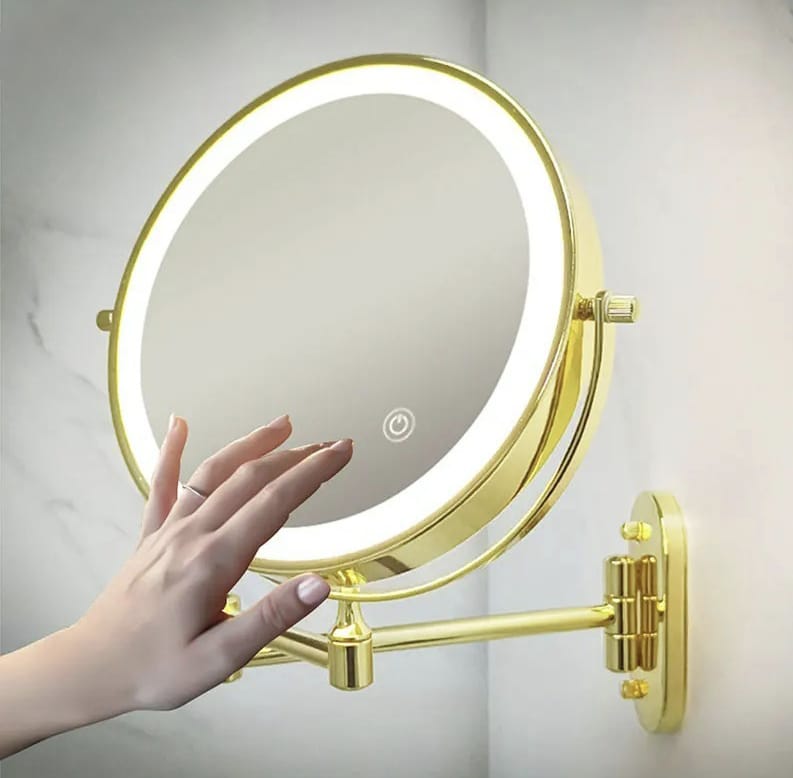 Elegant Gold Lighted Magnifying Makeup Mirror with 360° Rotation and Adjustable LED Lighting