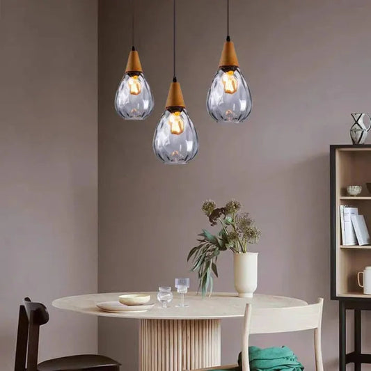 Elegant Teardrop Glass Pendant Light - Kitchen Hanging Lights with Wooden Accents