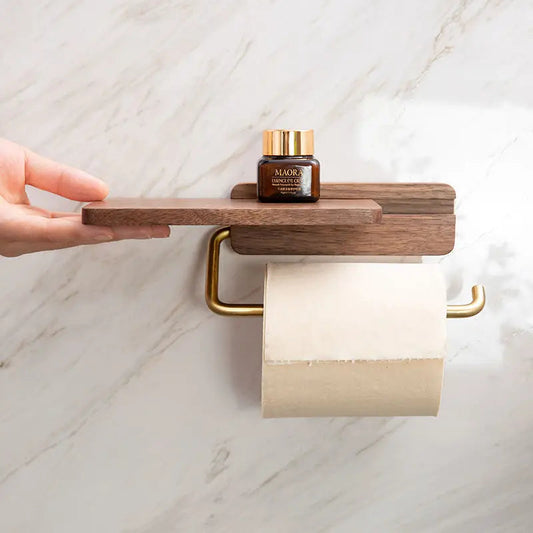 Elegant Walnut Wood Toilet Paper Holder with Shelf - Modern Bathroom Accessory
