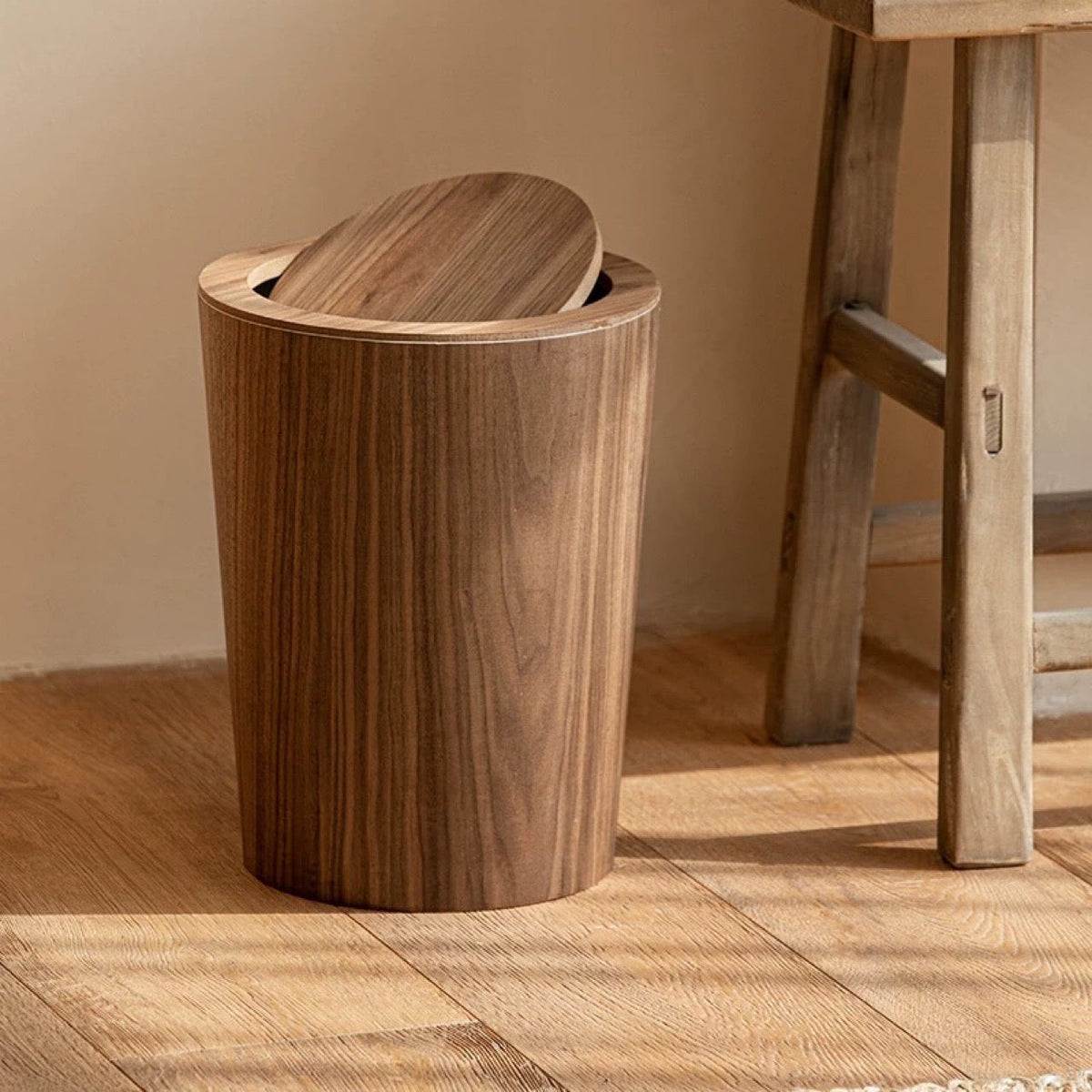 Elegant Wooden-Style Trash Can with Rotating Lid for Kitchen & Office