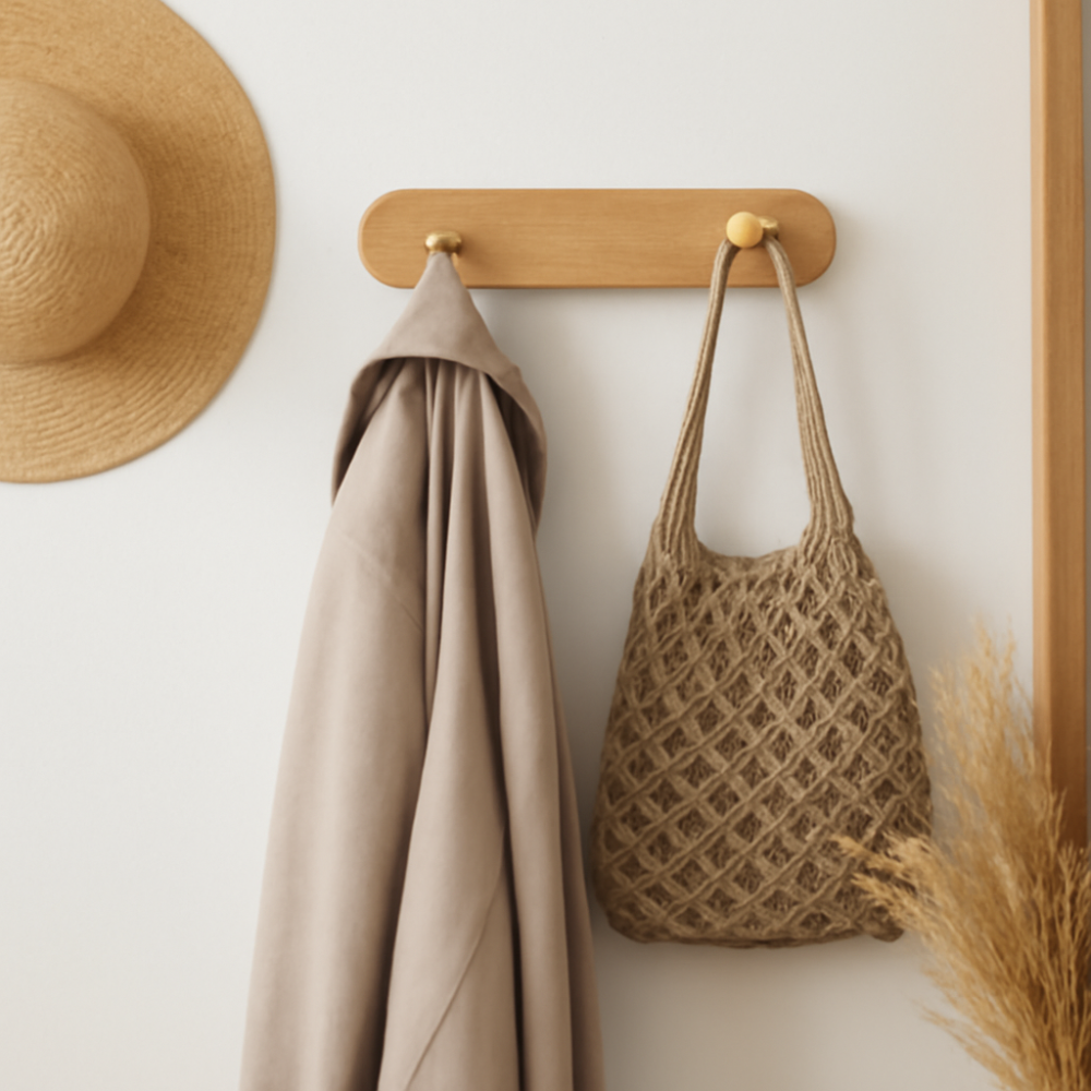 Elegant Wooden Coat Hooks for Wall with Brass Accents