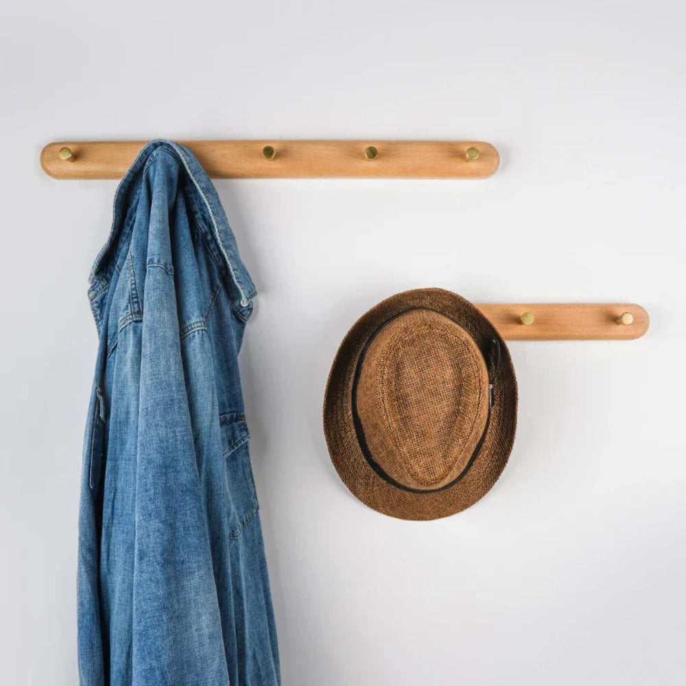 Elegant Wooden Coat Hooks for Wall with Brass Accents