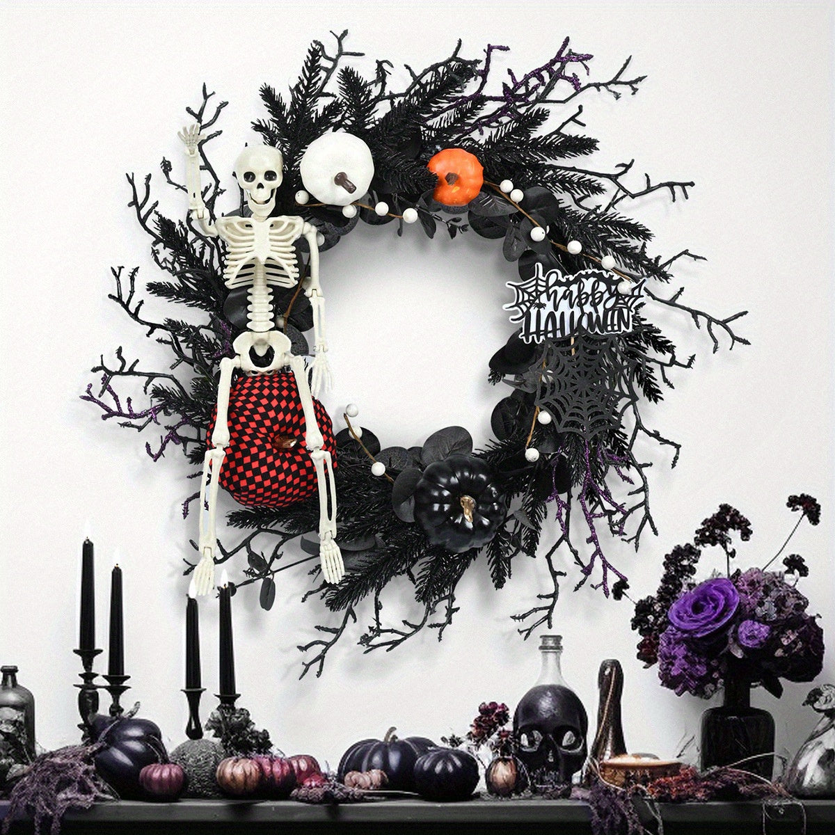 Gothic Halloween Wreath - Spooky Skeleton & Pumpkin Decor