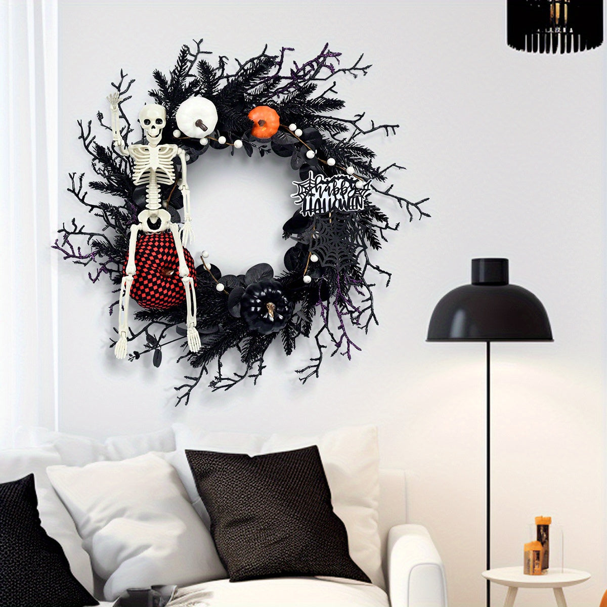 Gothic Halloween Wreath - Spooky Skeleton & Pumpkin Decor