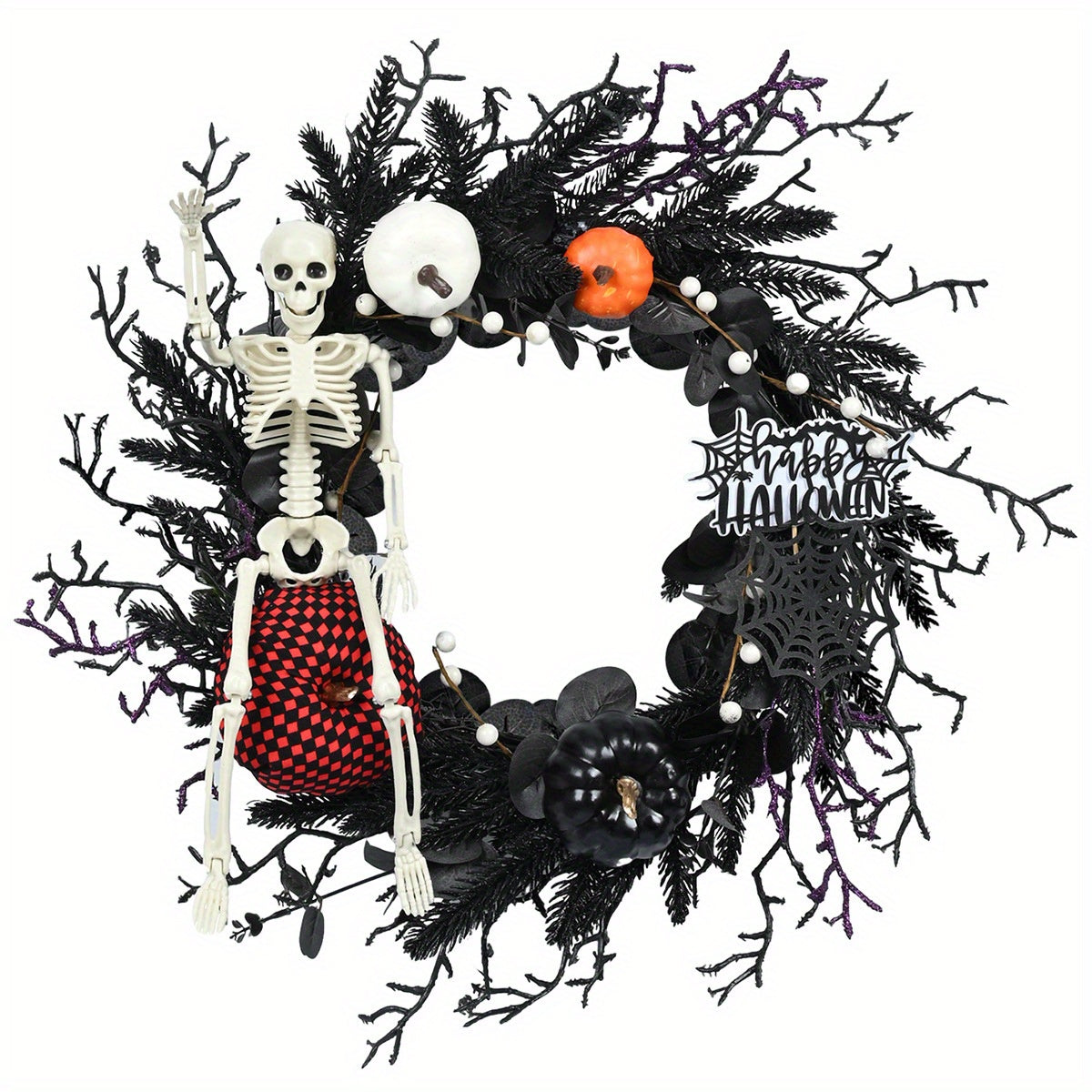 Gothic Halloween Wreath - Spooky Skeleton & Pumpkin Decor