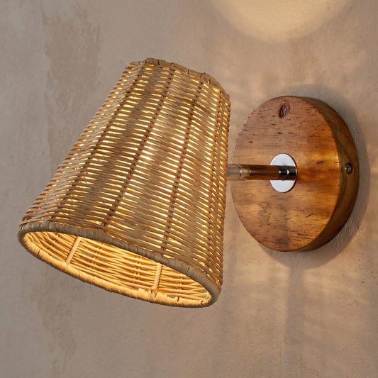 Minimalist Rattan Wall Lamp with Wood Mount - Soft Sconce Light
