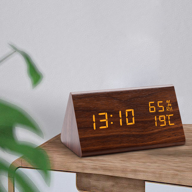 Modern LED Alarm Clock - Digital Wood Design with Voice Control & Adjustable Brightness