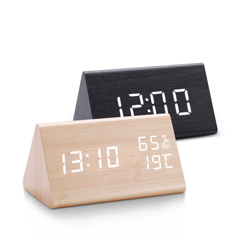 Modern LED Alarm Clock - Digital Wood Design with Voice Control & Adjustable Brightness
