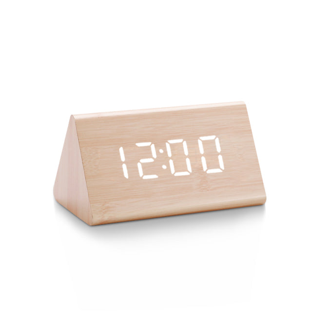 Modern LED Alarm Clock - Digital Wood Design with Voice Control & Adjustable Brightness