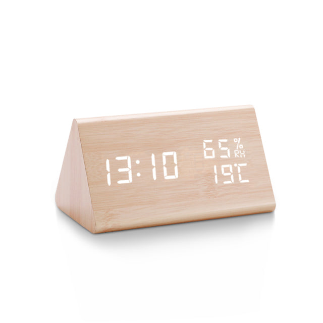 Modern LED Alarm Clock - Digital Wood Design with Voice Control & Adjustable Brightness