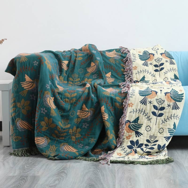 Nordic Elegance - Reversible Cotton Throw Blanket with Bird Design