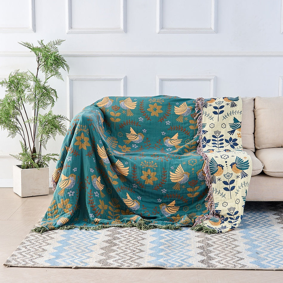 Nordic Elegance - Reversible Cotton Throw Blanket with Bird Design