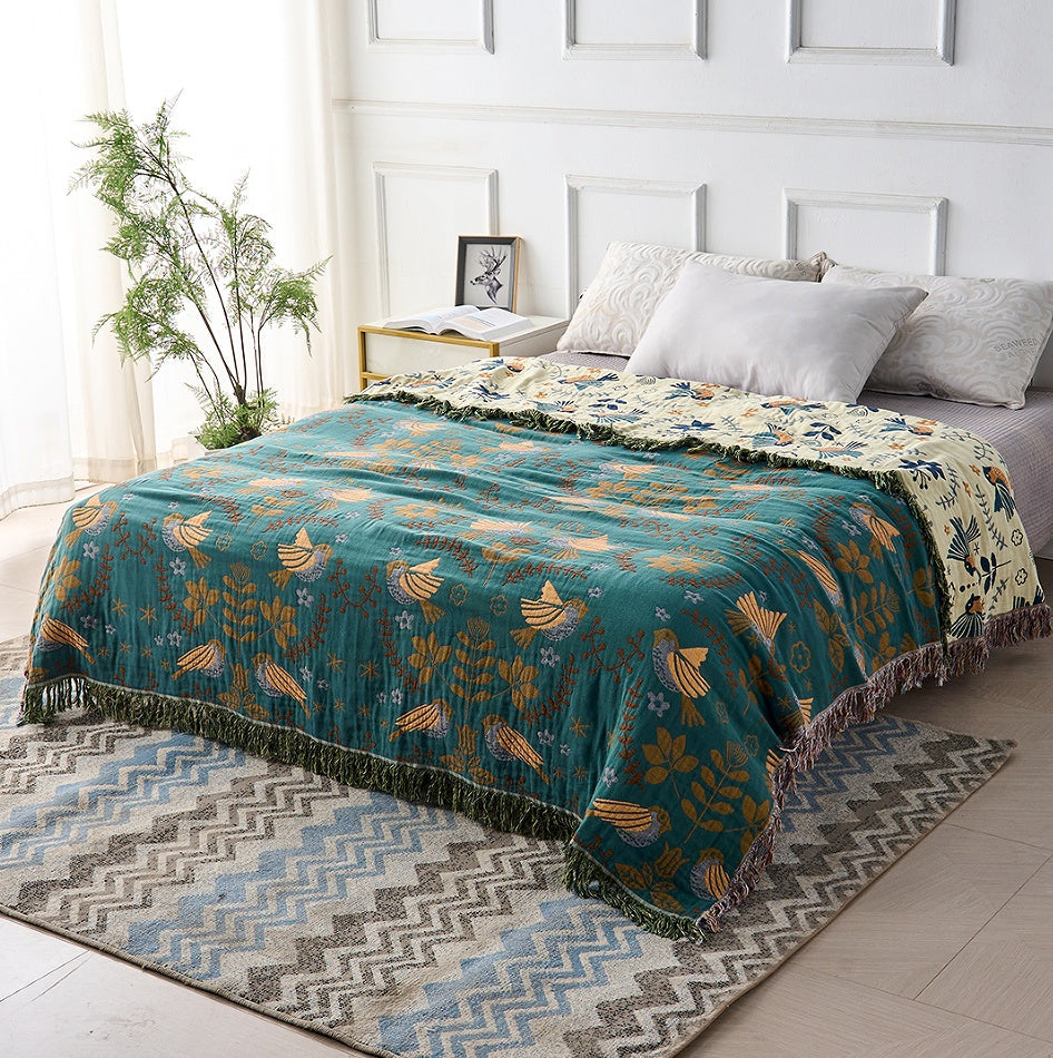 Nordic Elegance - Reversible Cotton Throw Blanket with Bird Design