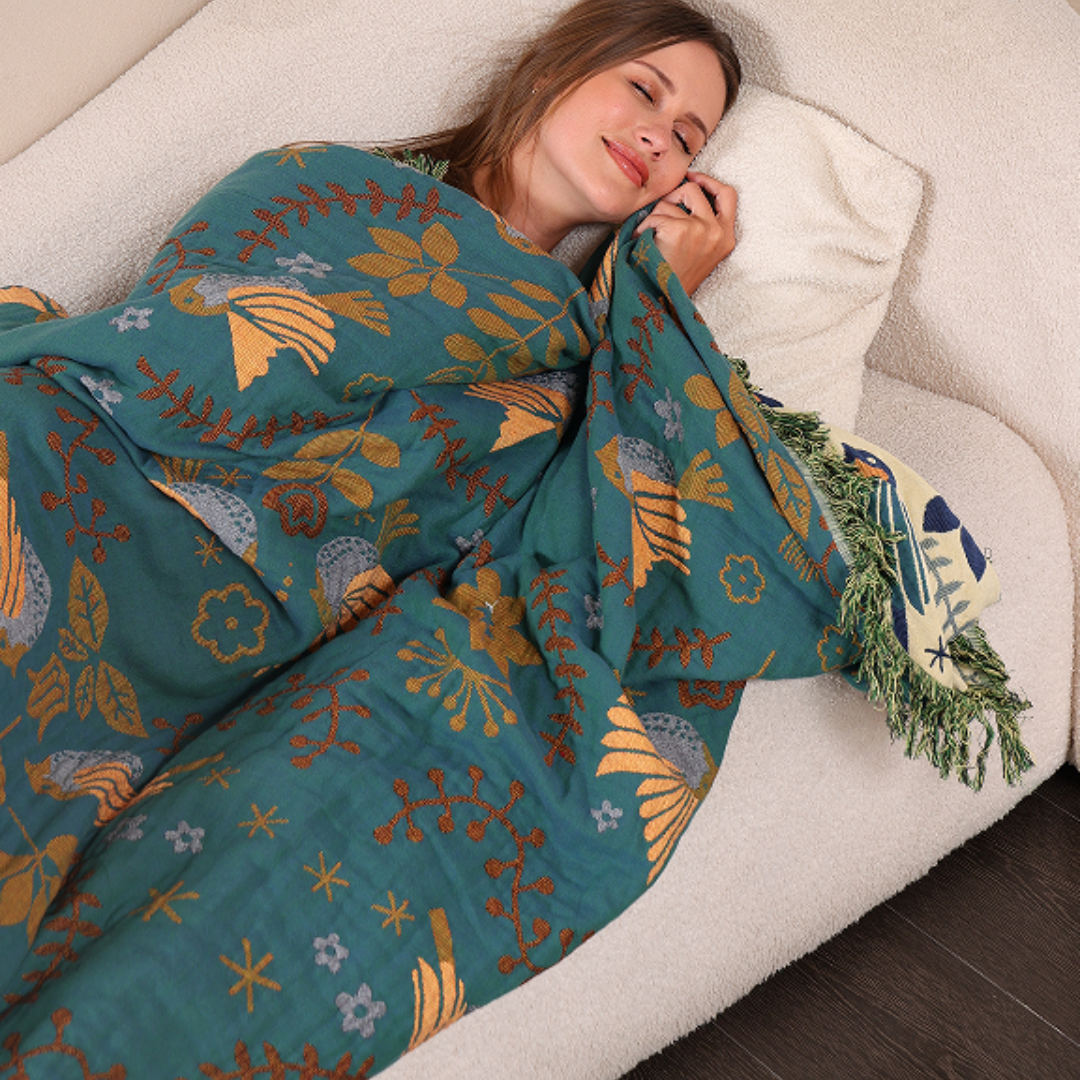 Nordic Elegance - Reversible Cotton Throw Blanket with Bird Design