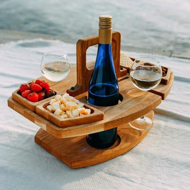 Oak Wood Picnic Wine Table for Bottle, Glasses and Snacks 1