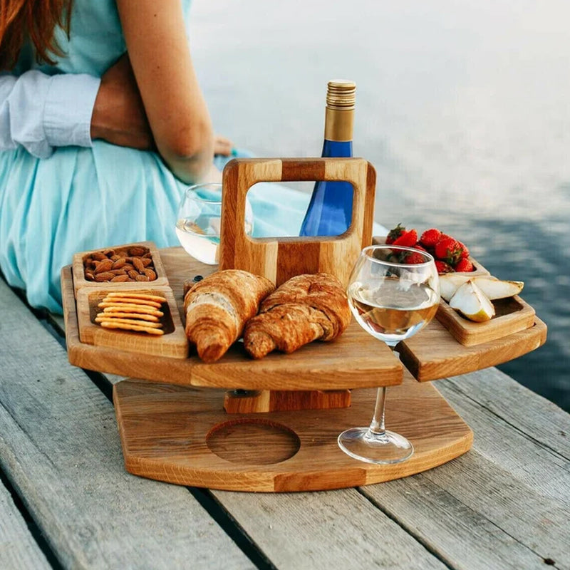 Oak Wood Picnic Wine Table for Bottle, Glasses and Snacks 3