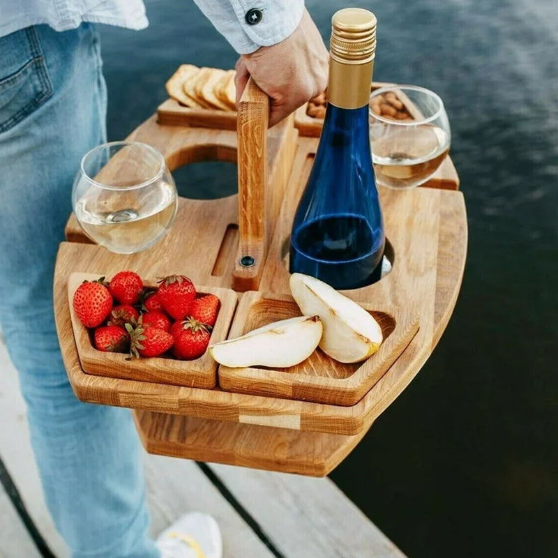 Oak Wood Picnic Wine Table for Bottle, Glasses and Snacks 4